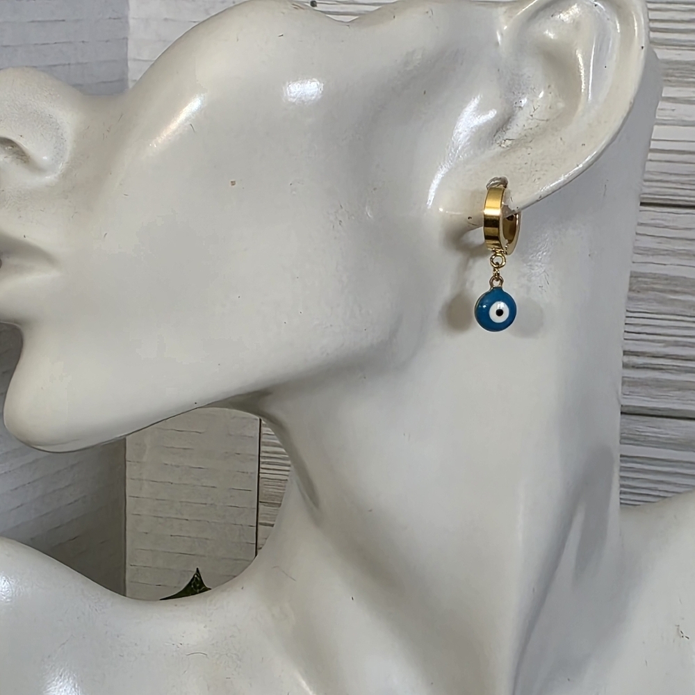 Gold Stainless Steel Huggie Hoop Earrings with Evil Eye Charm - Picture 8 of 17
